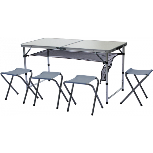 STOLIK TURYSTYCZNY SKŁADANY KEMPINGOWY 120x60x70/62/55CM 4 KRZESŁA I PÓŁKA