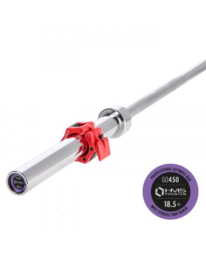 GO450 (+ ZG1000R) GRYF OLIMPIJSKI 18.5KG 2200MM HMS Z ZACISKAMI LOCK JAW RED