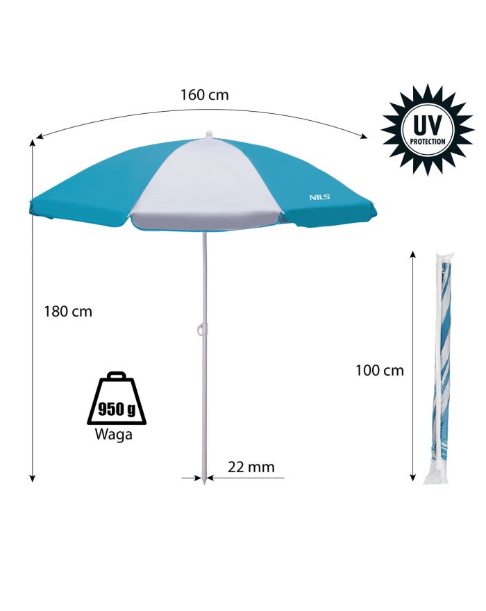 NC7813 TURKUSOWY PARASOL PLAŻOWY 180 CM NILS