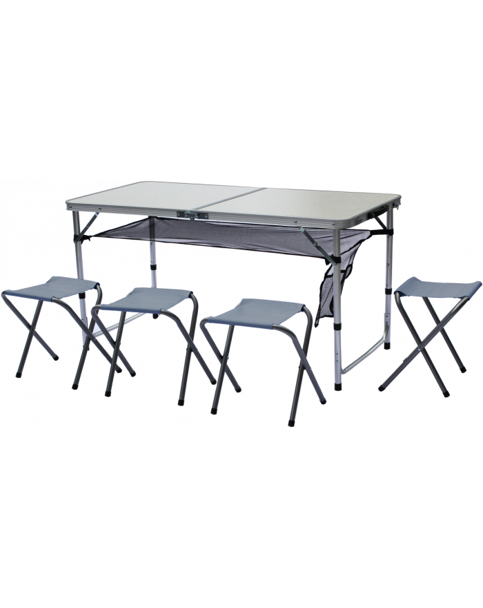 STOLIK TURYSTYCZNY SKŁADANY KEMPINGOWY 120x60x70/62/55CM 4 KRZESŁA I PÓŁKA