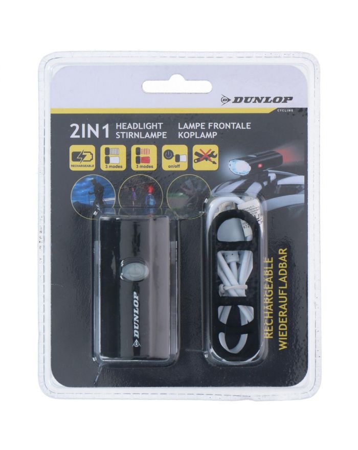 LAMPA ROWEROWA 2W1 ŁADOWANIE USB, UCHWYT DO MOCOWANIA NA KASKU DUNLOP