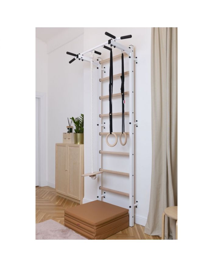 DRABINKA GIMNASTYCZNA DREWNIANO METALOWA Z METALOWYM DRĄŻKIEM I AKCESORIAMI DLA DZIECI BENCHK 721W A076