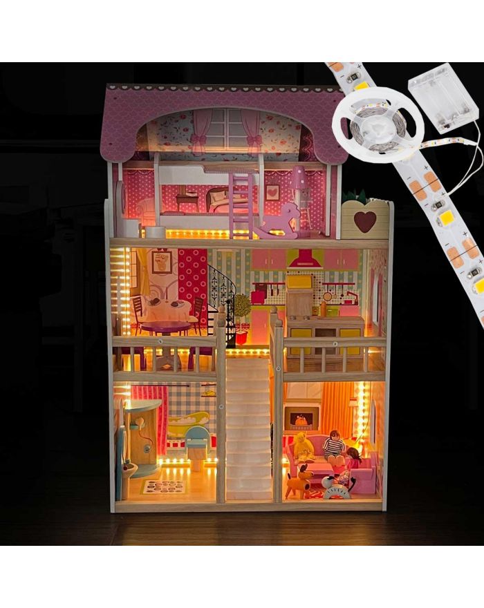 DOMEK DLA LALEK DREWNIANY LED  XXXL 60x33x90CM + 3 LALKI + 2 ZWIERZĄTKA