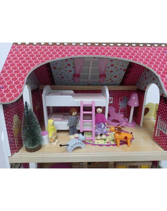 DOMEK DLA LALEK DREWNIANY LED  XXXL 60x33x90CM + 3 LALKI + 2 ZWIERZĄTKA