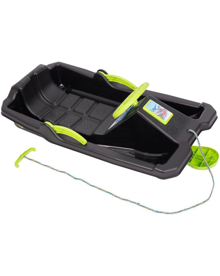 SANKI PLASTIKOWE Z HAMULCEM I KIEROWNICĄ ADAŚ 84x43x25CM CZARNE Z ZIELONYM