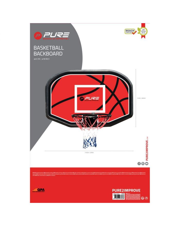 TABLICA DO KOSZYKÓWKI 110x73x3CM OBRĘCZ 45CM PURE 2 IMPROVE