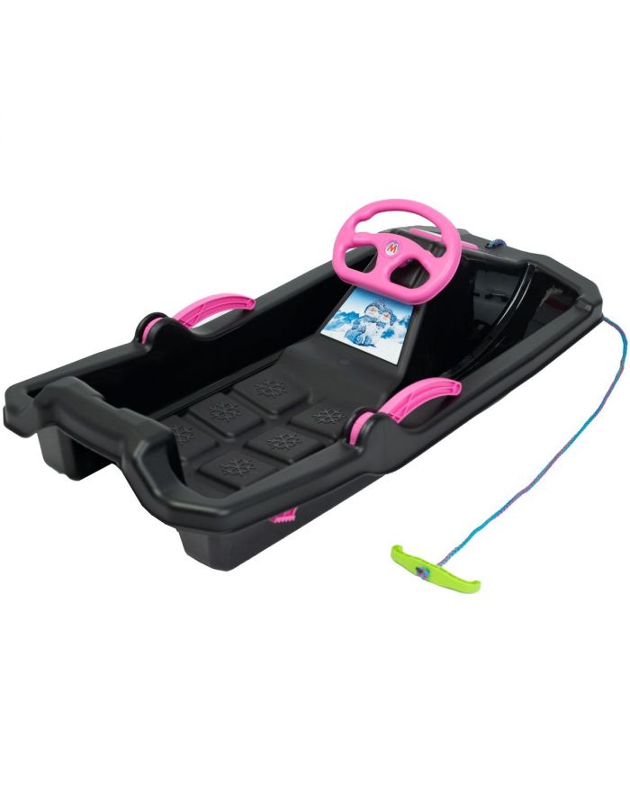 SANKI PLASTIKOWE Z HAMULCEM I KIEROWNICĄ ADAŚ 84x43x25CM CZARNE Z RÓŻOWYM