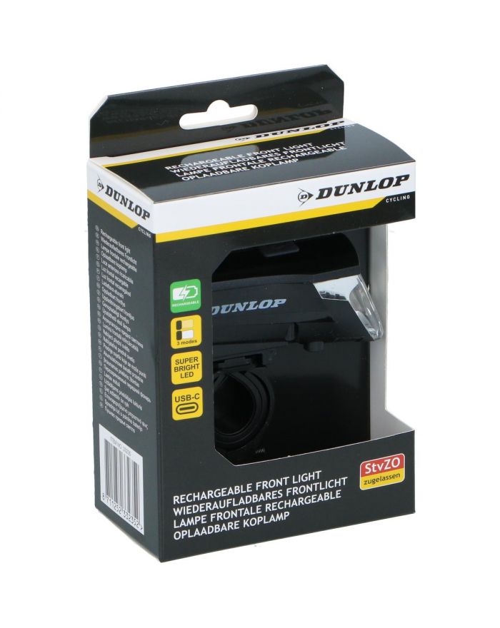 LAMPKA ROWEROWA PRZEDNIA LED USB-C CERTYFIKAT 3 TRYBY DUNLOP