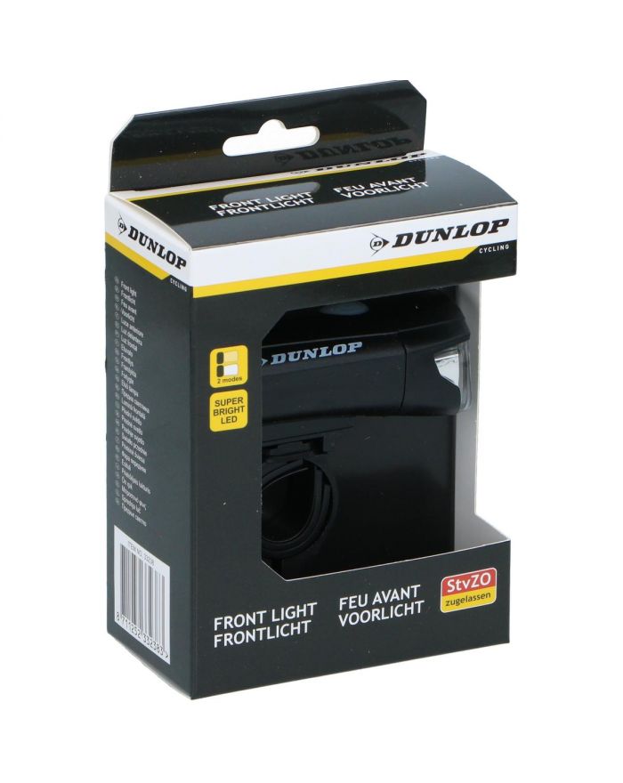 LAMPKA ROWEROWA PRZEDNIA CERTYFIKAT DWA TRYBY ŚWIECENIA NA BATERIE DUNLOP