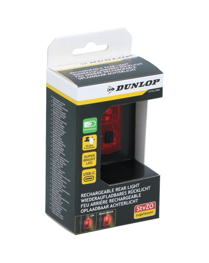 LAMPKA ROWEROWA NA TYŁ LED USB - C Z FUNKCJĄ STOP CERTYFIKAT DUNLOP
