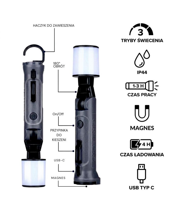 LATARKA TURYSTYCZNA RUCHOMA GŁOWICA I MAGNES LED USB 1200mAh GRUNDIG