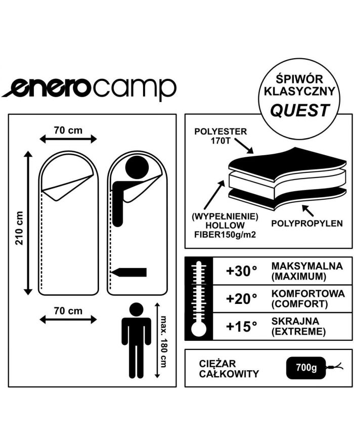 ŚPIWÓR TURYSTYCZNY QUEST Z KOMPRESJĄ 210x70CM CZARNY ENERO CAMP