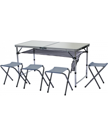 STOLIK TURYSTYCZNY SKŁADANY KEMPINGOWY 120x60x70/62/55CM 4 KRZESŁA I PÓŁKA