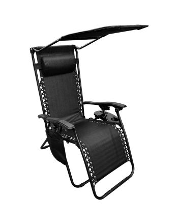 Fotel leżak ogrodowy składany z daszkiem i zagłówkiem czarny
